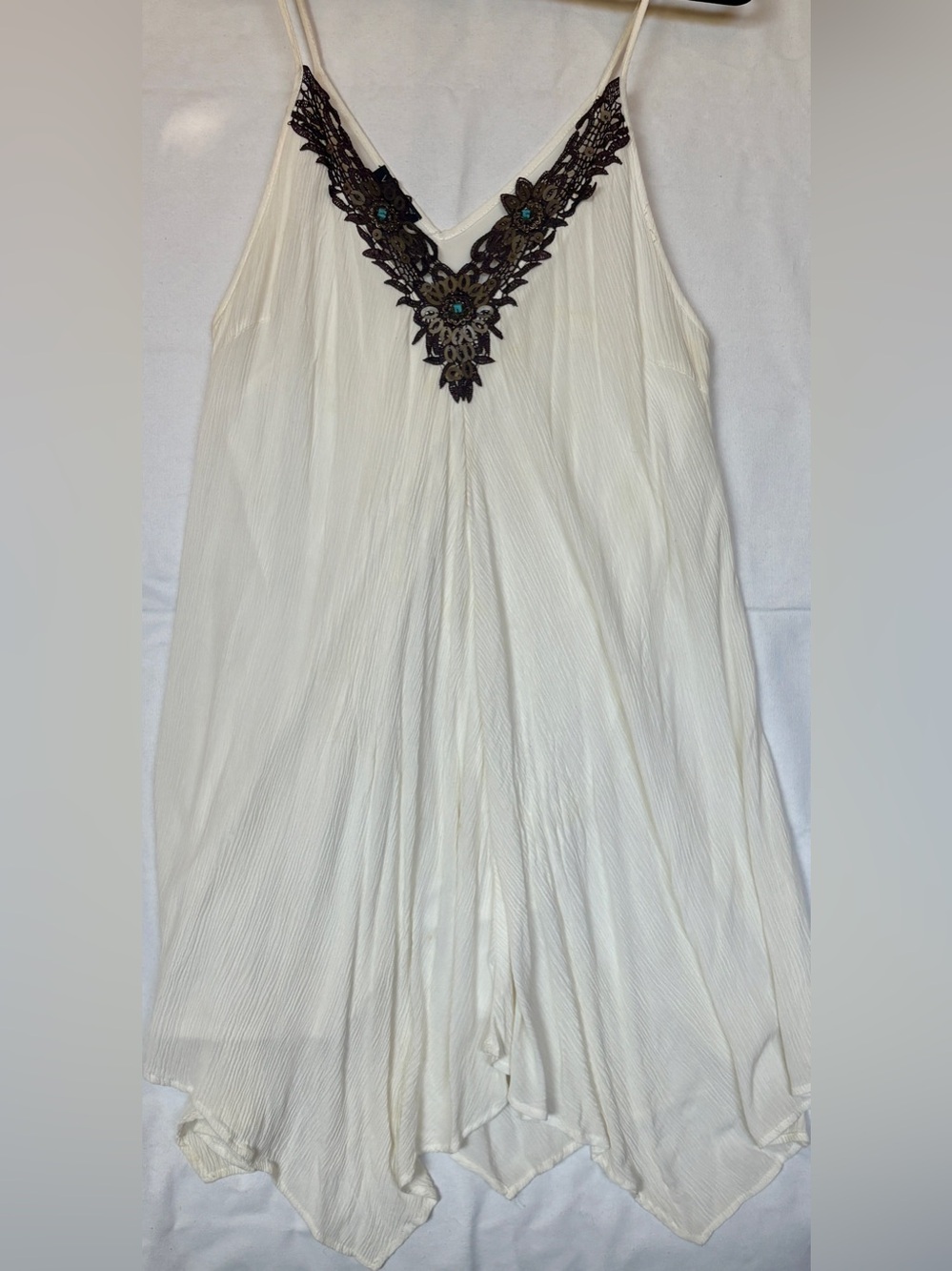 Venus Cream Gauze Crochet Medallion Handkerchief Hem Boho Maxi Dress XL
